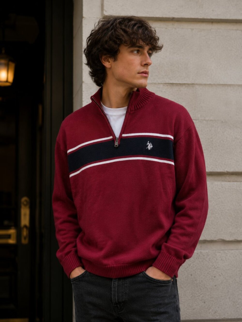 VTG U.S. Polo Assn Mens XL Quarter Zip Sweater Red Black Pullover Long Sleeve